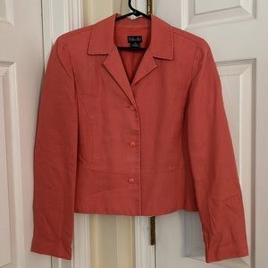 Coral pink linen blazer with top-stitching and peplum hem